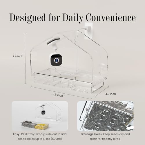 Window Bird Feeder with Strong Suction Cups and Smart Bird Camera | 2K Clear Vision, AI Bird Recognition Tech, Real-Time Alerts, Easy to Use, Detachable Tray, 2.4G Connectivity USB Powered - color: White