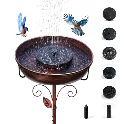 Solar Bird Bath Fountain, Green Metal Stand, 7 Nozzle, Outdoor Garden Decor (Bronze) - color: Bronze