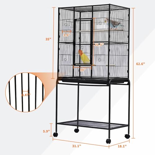 62" Large Bird Cage, Parrot Bird Cage with Rolling Stand & Storage Shelf, Heavy Duty Wrought Iron Flight Cage, Secure Lock, Ideal for Parakeets, Parrots, Cockatiels, Conures, Lovebirds - size: 37.2"L x 30.3"W x 4.3"H