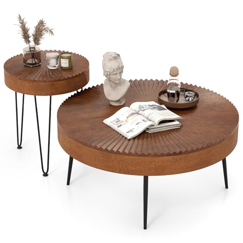 COSTWAY Farmhouse Round Coffee Table Set of 2, Rustic Sofa Side Tea Tables w/Wood Finish, Metal Frame, Adjustable Foot Pads, Nesting End Table Set for Living Room, Bedroom (Radial Pattern, Brown) - color: Brown, style: Radial Pattern