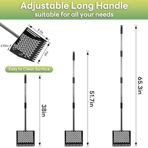 Chicken Poop Scooper & Rake 2-in-1, Adjustable 24'' to 66'' Metal Sand Sifting Shovel for Coop Cleaning, Effortless for Chicken Duck Rabbit Cages, Cat Litter, Fire Ash, Saving Time & Energy