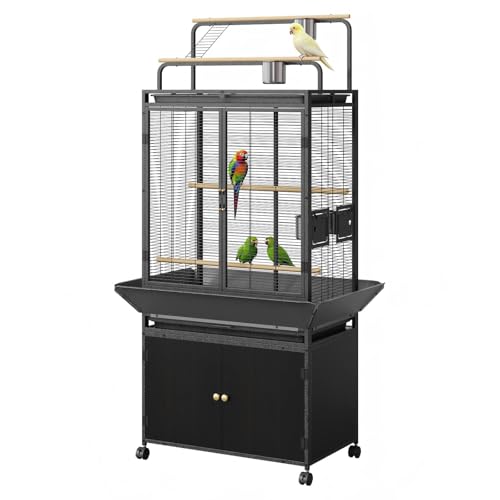 GarveeLife Large Bird Cage, Parakeet Cage with Play Top & Storage Cabinet, Indoor Outdoor Birdcage for Parrot, Cockatiel, Macaw Budgie, Black Walnut Wood