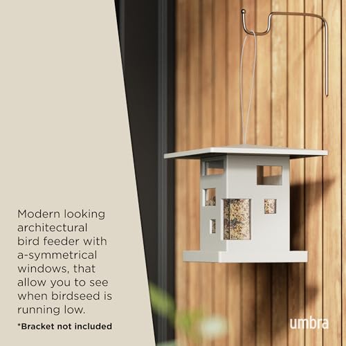 Umbra Bird Cafe Bird Feeder, Outdoor Hanging Seed Dispenser, Grey | Wrap-around tray, steel cable, easy refill, weather resistant, plastic