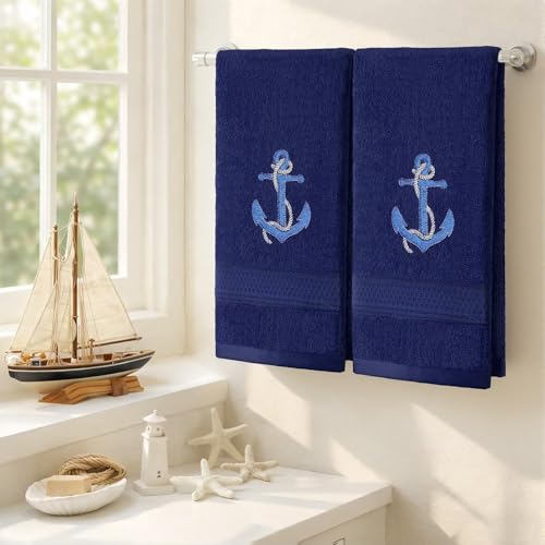 SmoothNovelty 2 Pcs Nautical Anchor Hand Towels for Bathroom 14x29 Inch | Embroidered Navy Blue Bathroom Hand Towels, 100% Cotton, Soft Absorbent, Summer Ocean Bathroom Kitchen Decor - style: Nautical Anchor