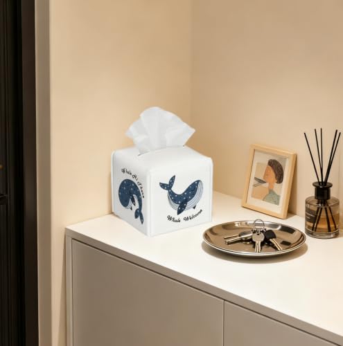 Cute Whale Welcome&Hi There Tissue Holder,Kids Bedroom Decor | 5.2Inch Funny Whale PU Tissue Box Cover,Decor Fits Bathroom, Nursery, Bedroom & Apartment,Gift for Birthday&Housewarming Gift - color: White Decoration Theme-11