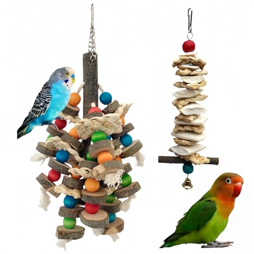 Bird Parrot Toys for Cage, 2 Pack Chew Toys with Apple Wood Slices, Cuttlebone & Colorful Blocks for Parakeets,Cockatoos, Conures, Cockatiels (Apple Wood Chips + Cuttlefish Bone) - size: Apple wood chips + cuttlefish bone
