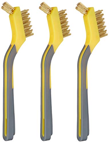 Amazon Basics Brass Mini Wire Brushes for Cleaning, Rust Removal, Paint Removal, Soft Grip Ergonomic Handle, 1/2 inch, Yellow/Grey, 3-Pack