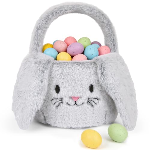 PRATIQUE Foldable Plush Easter Basket with Bunny Ears for Kids, Easter Egg Hunt Bucket with Handle, Cute Storage Bin for Candy, Toys & Gifts(Gery) - color: Gery