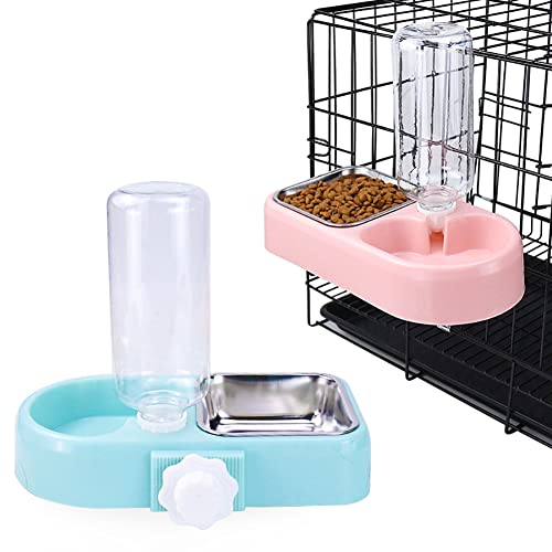 Love Dream Crate Dog Bowl, No Spill Kennel Hanging Pet Food Water Bowl Set | Automatic Water Dispenser and Removable Stainless Steel Bowls Raised Double Bowls for Indoor Cats, Rabbit, Small Medium Dogs - color: Blue