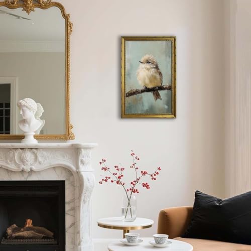 DR.RiftArt Cute Fluffy Bird on Branch Wall Art Rustic Farmhouse Decor | Vintage Gold Framed Bird Oil Painting Canvas Print, Animal Wall Decor for Living Room Bedroom Office, 16x24 Inch - color: Cute Bird, size: 24"L x 16"W