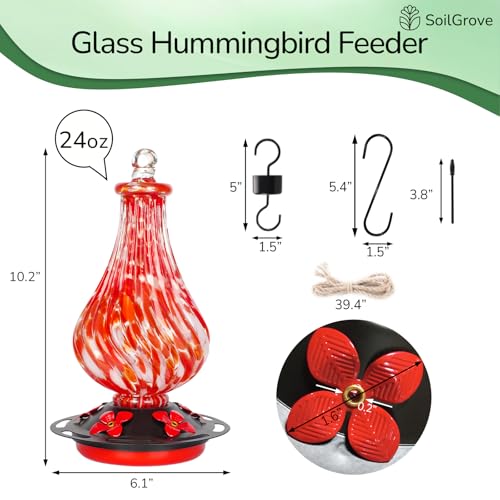 Glass Hummingbird Feeder,24oz Red Hand Blown Humming Bird Feeders for Outdoors Hanging with 5 Feeding Ports & Ant Moat, for Women Men,Hanging Garden Decor