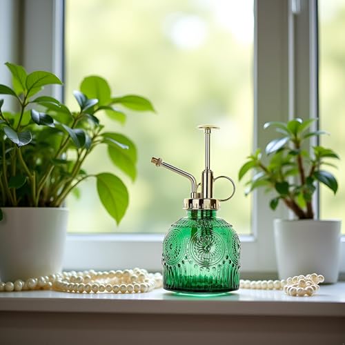 Glass Plant Mister Spray Bottle, 230ML Vintage Plant Spritzer, Succulent Watering Bottle Glass with Top Pump, Small Plants Sprayer Watering Can for Indoor Outdoor House(Green) - color: Green