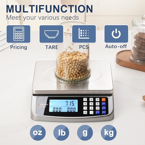 Atogou 110lb Food Scale, Commercial Kitchen Scale with Price Computing | Plug-in Usable, 0.05oz/1g Increment, 304 Stainless Steel, for Cooking, Vegetables, Farm, Industry, Counting. LC300 Grey - style: Grey 110lb/50kg