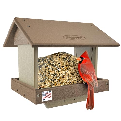 DutchCrafters Poly Large Hopper Bird Feeder Post Mount for 4" x 4", Wild Songbird Bird Seed Feeder for Outdoor, Outside, Garden, Yard - Amish Made in USA (Post Mount, Tudor Brown & Weatherwood) - color: Tudor Brown & Weatherwood, style: Post Mount