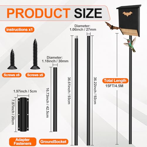 15 Ft Telescoping Bat House Pole Adjustable with Ground Socket | Adjustable Purple Martin Bird House Pole, Bat Houses Kit Outdoors With Ground Socket, Bird Feeder Poles Heavy Duty Outdoor