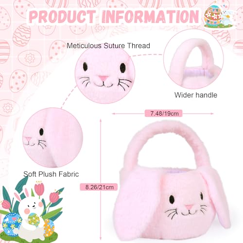 PRATIQUE Foldable Plush Easter Basket with Bunny Ears for Kids, Easter Egg Hunt Bucket with Handle, Cute Storage Bin for Candy, Toys & Gifts (Pink) - color: Pink