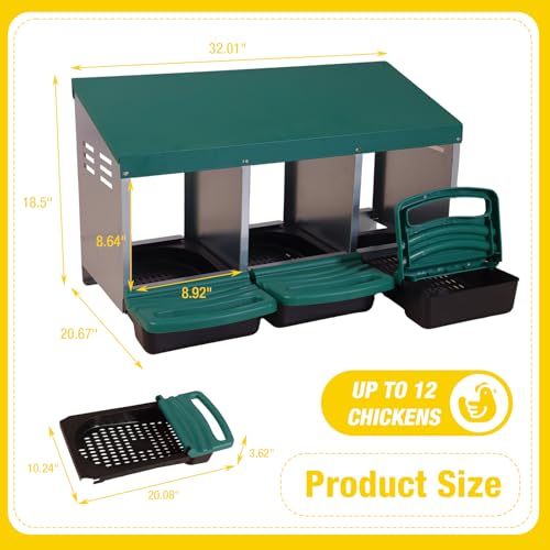 Aivituvin Chicken Nesting Box, 3 Compartments Chicken Egg Laying Box, Metal Nesting Boxes with Swing Perch for Chickens, Roll Away Egg Collection for Chicken Coop (Green) - color: Green