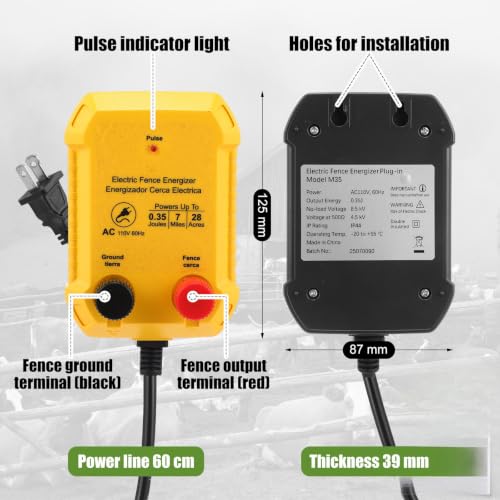 Electric Fence Charger Set 7 Mile 110VAC 0.35 Joule Electric Plug in Fence to Contain Chickens Pet Poultry 80 Black Insulator and 1 Socket Tool 985ft Aluminum Wire for Garden Pond Protection - style: 0.35 Joule