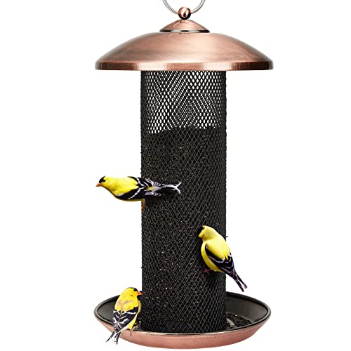 Kingsyard Finch Feeders for Outdoors Hanging, Metal Mesh Tube Bird Feeder for Nyjer/Thistle Seed, 2.5 lbs Large Capacity (Antique Copper) - color: Antique Copper