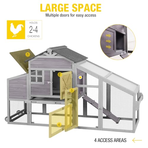 Chicken Coop Outdoor Wooden Poultry Cage with Waterproof Roof, Nesting Box, Pull Out Tray, Mobile Hen House for 2 4 Chickens, Large Chicken Tractor with Wheels (Grey) - color: Grey, size: 73.4"L x 24.2"W x 43.2"H