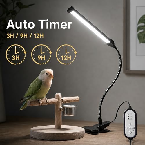 Bird Cage Light Full Spectrum LED with Remote Control, 10 Brightness Levels 3/9/12H Timer Flexible Gooseneck Lamp for Parrot Pet Birds Indoor Cages
