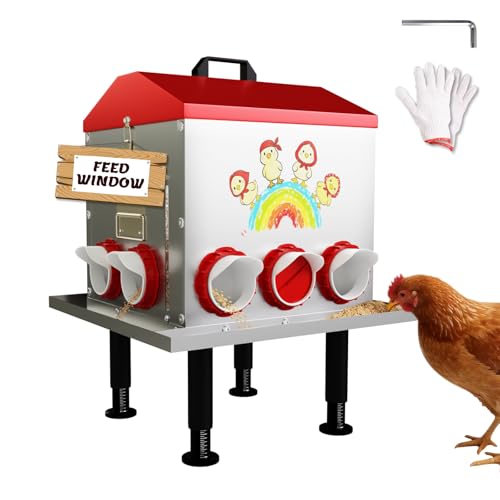 StellarStar 85LB Large Automatic Chicken Feeder with Window | 10 Ports, No-Waste Tray, Adjustable Legs & Locking Lid, Rust-Proof Metal, Waterproof Poultry Feeder for Chickens/Ducks/Geese
