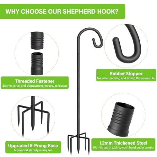 Shepherds Hook for Bird Feeder, 60" Heavy Duty Bird Feeder Pole with 5-Prong Base, Extra Thick Metal Shepherd Hook for Outdoor Hanging Plant Basket, Hummingbird Feeder, Solar Lantern, Black, 1 Pack - size: 60 Inch, style: 1 Pack