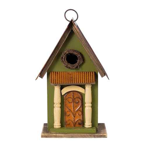 Glitzhome Bird Houses for Outside,11.25" H Vintage Wooden Bird House Garden Distressed Decorative Birdhouse for Outdoors, Hanging Birdhouse for Bluebird Hummingbird Wren Finch Cardinals Cedar (Green) - color: 11.25"H Green