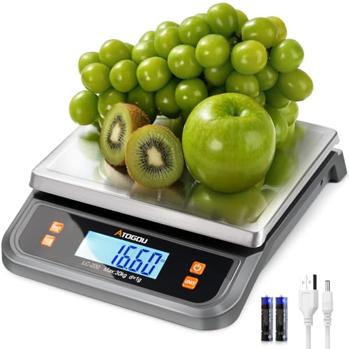 Atogou 88lb Food Scale, Commercial Kitchen Scale Plug-in Usable | Full View LCD Display, Stainless Steel, for Baking, Bread, Cooking, Meat, Vegetables, Farm, Industry LC200 Grey - size: Grey 88 lb (40 kg)