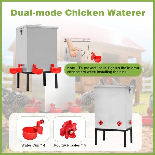 3 Gallons Chicken Waterer,Stainless Steels Automatic Chicken Waterer with Latch and Bottom Bracket，Poultry Watering 4 Water Cups Chicken Feeder Waterer and 4 Horizontal Automatic Chicken Nipples