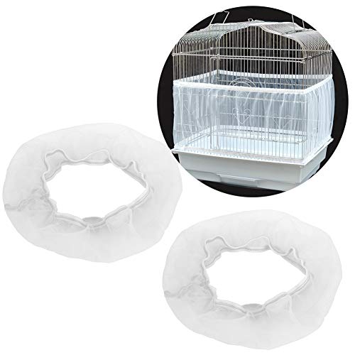 2PCS Bird Cage Cover, Bird Cage Seed Catcher, Adjustable Soft Airy Nylon Mesh Net, Birdcage Cover Skirt Seed Guard for Parrot Parakeet Macaw African Round Square Cages (S) - color: White