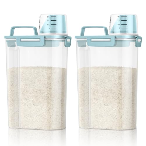 TBMax Rice Container Cereal Storage Container 2 Pack 5 Lbs, Plastic Kitchen Pantry Food Storage Container with Cup, Small Pet Dog Cat Food Dispenser -Blue - color: Blue 3+3Qt