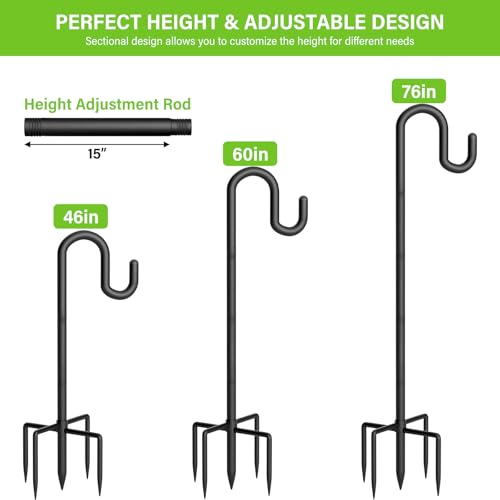 Shepherds Hook for Bird Feeder, 76" Heavy Duty Double Bird Feeder Pole with 5-Prong Base, Thickened Metal Shepherd Hook for Outdoor Hanging Plant Baskets, Hummingbird Feeder, Black, 1 Pack - size: 76", style: 1 Pack