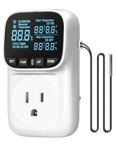 Digital Temperature Controller Outlet, 15A/1800W Heavy Duty Thermostat Plug, VA LCD Display, Heating/Cooling Control, -40°F~210°F, 4 Timer Modes, for Greenhouse Incubator Homebrew W01TC06 - color: White-6.6ft