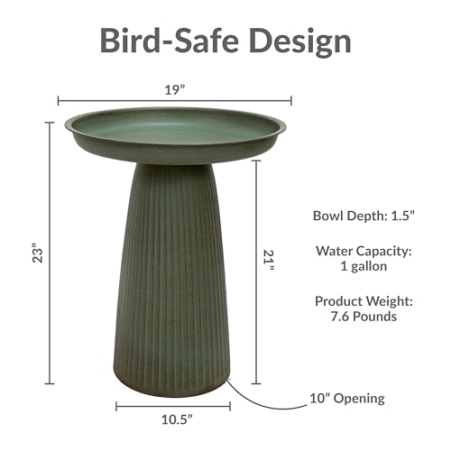 Sunnydaze Modern Bird Bath for Outside, Iron, 23” H, Matte Green | UV & Rust-Resistant Matte Finish, Durable Iron,1 Gal Water Cap, Outdoor Birdbath for Garden, Pedestal Bird Bath with Bowl - color: Matte Green