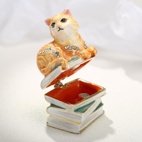 Hand Painted Enameled Cute Cat Trinket Box, Hinged Unique Mini Ring Necklace Jewelry Organizer, Classical Bejeweled Storage, Figurine Collectible Keepsake Home Decor (Cat on Book) - color: Cat on Book