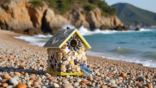Premium River Pebble Bluebird House – Cedar Wood Outdoor Birdhouse with Embedded Metal Roof, Weather-Resistant Garden Nest Box for Wild Birds, Hanging & Pole Mountable (Yellow) - color: River Pebble Yellow