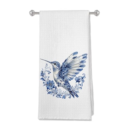 Blue and White Floral Hummingbird Kitchen Towels, Chinoiserie Spring Flower Bird Dish Tea Towels for Kitchen, Grandmillennial Birding Decorative Hand Towel for Bathroom, 16x24 Inches - color: Color 25