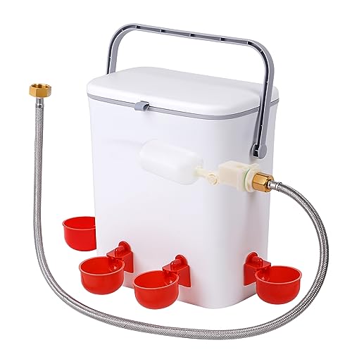 Automatic Water Dispenser for Chickens and Poultry Waterer | 2 Gal Float-Control Auto Waterer with 4 Water Cups, Chicken Drinker with Hose Attachment for Chicks, Gooses, Ducks, Turkeys
