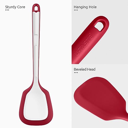 U-Taste 600ºF Heat Resistant 13.6in Long Solid & Slotted Silicone Turner and 600ºF Heat Resistat Silicone Flexible Baking Spoon Spatula & Cooking Scoop Spoonula (Red)