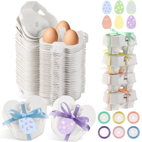 Fullhawl 24 Pcs Egg Cartons White Heart Shaped Egg Holder Natural Pulp Paper for Chicken Eggs with Macaron Color Label Ribbon for Easter Gift, Arts and Crafts Reusable (Cute) - style: Heart