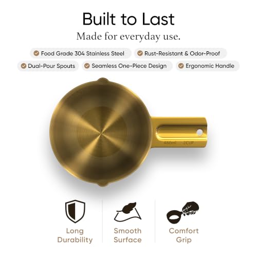 Color Up 2 Cup Measuring Cup, 480ml Gold Stainless Steel Metal Measuring Scoop, Easy-Pour Spouts, Engraved Markings, for Dry & Liquid Ingredients - size: 2 Cup (480 ml) Gold