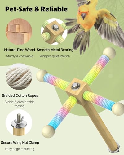 Pawfly 360° Rotating Bird Perch Toy, Interactive Spinning Bird Stand Parrot Perch, Natural Wooden Chew Toy for Small Birds, Cockatiel Toy, Parakeet Toy, Bird Toys for Parakeets, Bird Cage Accessories