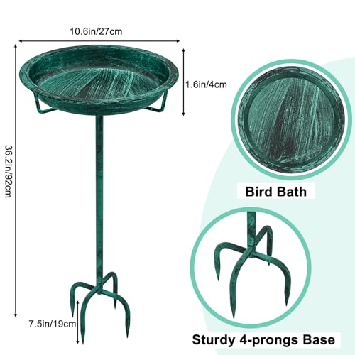 Metal Bird Bath for Outside, 36.2" Height Birdbath Bowl Standing Bird Feeders for Outdoors with 4 Prongs Base Stake, Freestanding Birdfeeders for Garden Yard Lawn Decor (Retro Green) - color: Retro Green