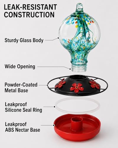 Hummingbird Feeder for Outdoors, 34 oz Hand-Blown Glass Bird Feeders | Decorative lnner Glass Humming Bird Feeder with Ant Moat Hook, Bee Guard Ports, Brush, Unique Garden Gift - color: Rainforest Blue