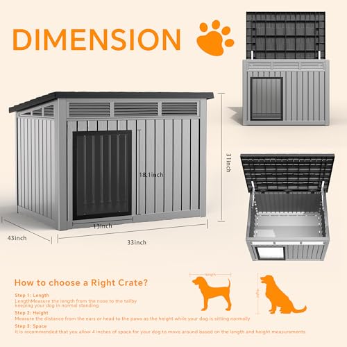 Outdoor Dog House Waterproof,Indoor Outdoor Doghouse for Small to Large Dogs,Dog Kennel with Air Vents and Elevated Floor,Easy to Assemble and Clean(Grey 42.87 * 32.95 * 31.61inch) - style: Grey