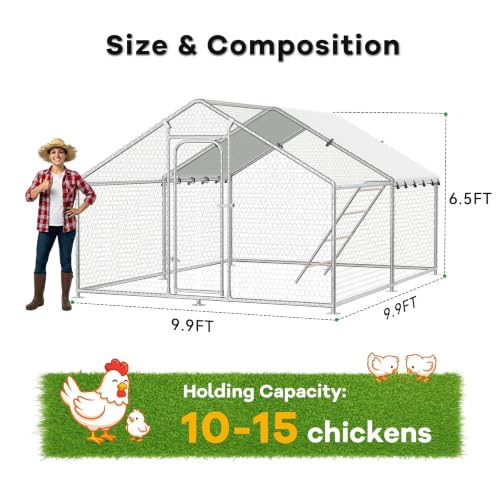 10 x 9.9 x 6.4 FT Metal Chicken Run, Chicken Coop with Cover | Reinforced Frame, Walk-in Chicken Coop, Waterproof Cover, Side Hardware Cloth, Roosting Perch, Backyard & Farm Use - size: 119.0"L x 119.0"W x 78.0"H