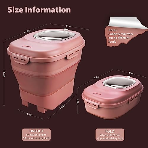 Viretec Cereal Rice Storage Containers, 20 to 50Lbs Collapsible Dry Food Dispenser Bins with Airtight Flip Lid Rolling Wheel, Kitchen Pantry to Store Sugar Flour, Dog Pet Cat Food Holder Container - color: Pink