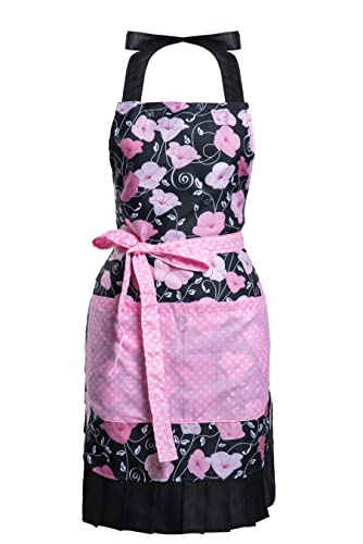 Lovely Flower Pattern Retro Aprons With Large Pockets for Women Girls Cooking Kitchen Bakery Mother's Gift - color: Pink Bloom