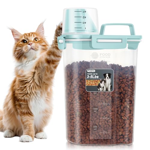 Dog Cat Food Storage Container with Cup (Dry Blue, 2.5L) | Pet Food Pourable Container Airtight with Large Spout, BPA-Free Plastic Food Dispenser for Pet Food, Bird Seed, Rice, Flour - color: Light Blue, size: 2.5L